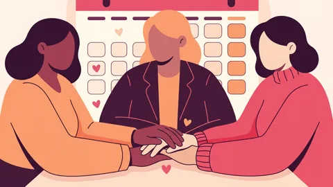 Three hands intertwined with heart symbols and a calendar in the background, representing consensual non-monogamy.