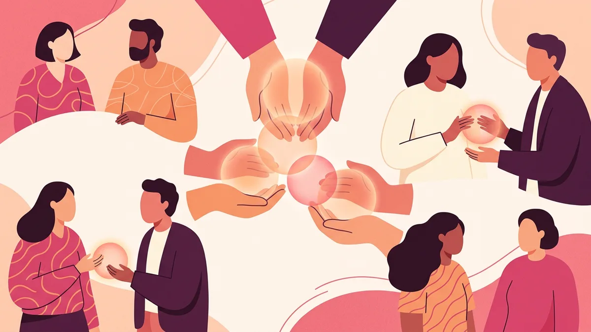 Two hands supporting layered, luminous circles that intersect like Venn diagrams, representing the ongoing negotiation of consent in non-monogamy.