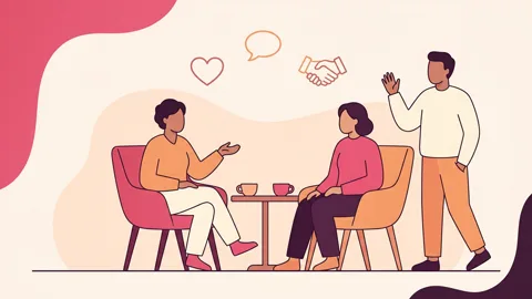 Abstract illustration of three clothed adults in calm conversation, with heart, speech bubble, and handshake icons above them.