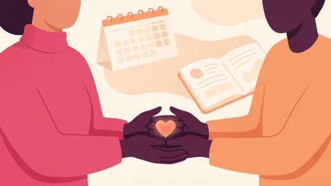Two hands holding a heart, with a calendar and notebook behind, symbolizing supportive therapy for polyamorous relationships.