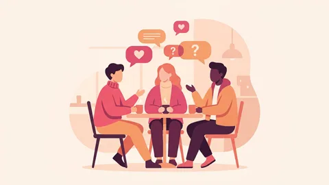 Abstract illustration of three people at a café table, talking with heart and question mark symbols, representing respectful communication in a triad.
