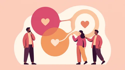 Abstract illustration of three overlapping circles with hearts inside, connected by soft lines, representing diverse relationship structures and open communication.