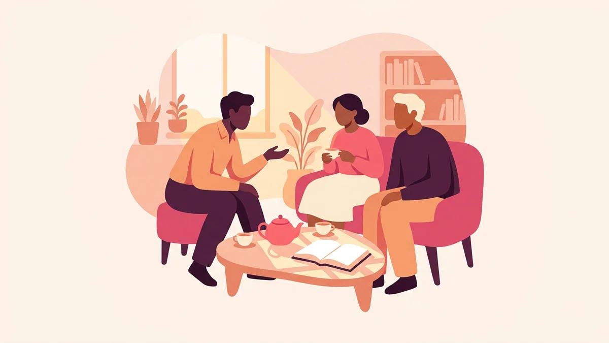 Three people of different backgrounds having a respectful conversation in a living room, symbolizing open communication in consensual non-monogamy.