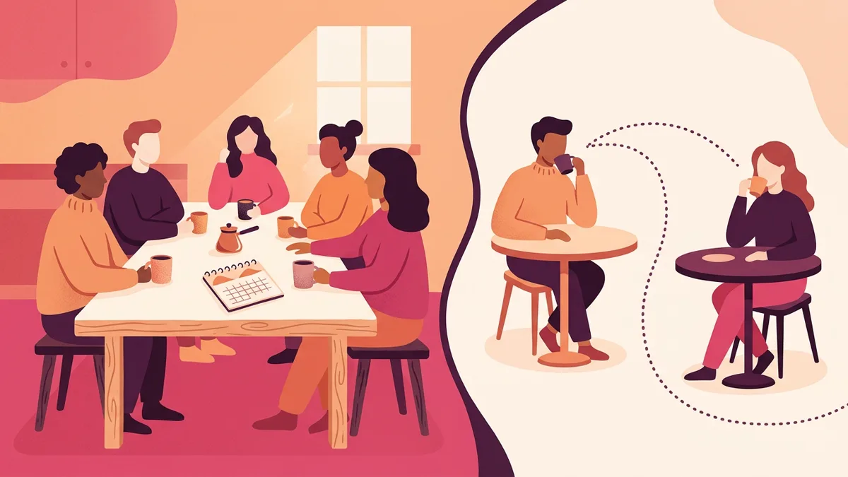 Illustration of adults around a kitchen table and two separate tables connected by a dotted line, with mugs, a calendar, and warm abstract shapes.