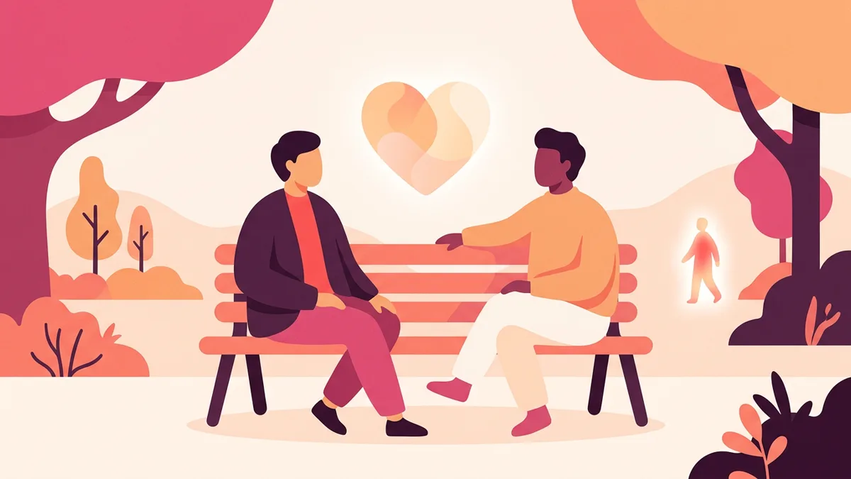 Two people conversing on a bench, a glowing heart between them, and a radiant third figure afar, symbolizing compersion and open communication.