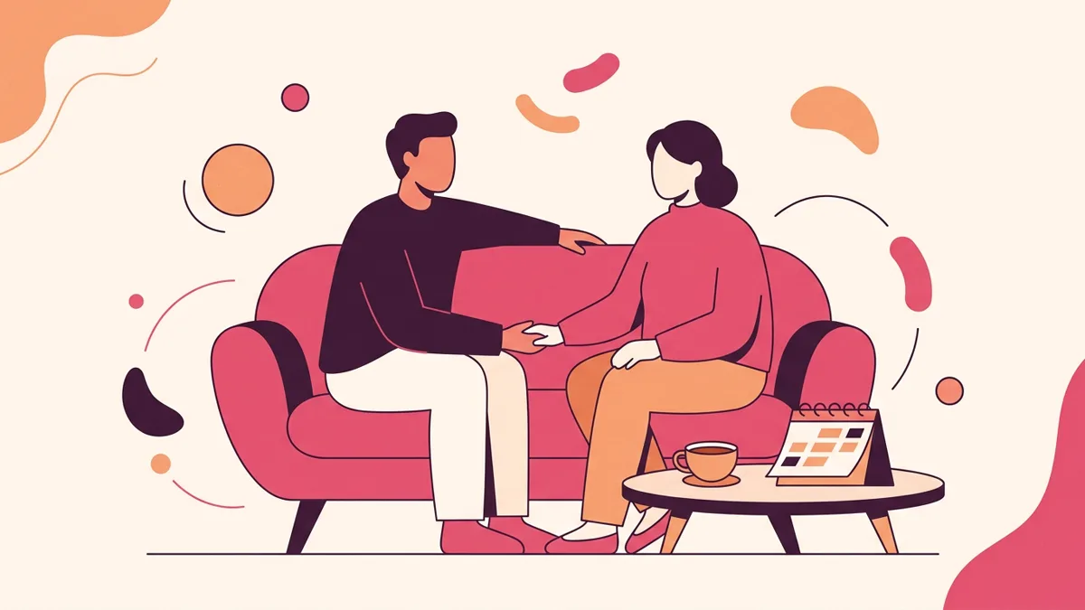 Two adults in casual clothes sit on a couch and talk calmly, with a calendar and tea on a table, symbolizing communication and balance.