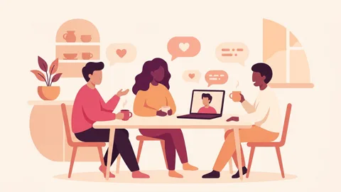 Three adults at a kitchen table and one on a laptop screen talk calmly, with hearts and speech bubbles above them.
