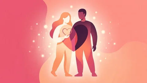 Abstract silhouettes with glowing particles, one holding a heart outline, representing the balance of new relationship energy and established love.