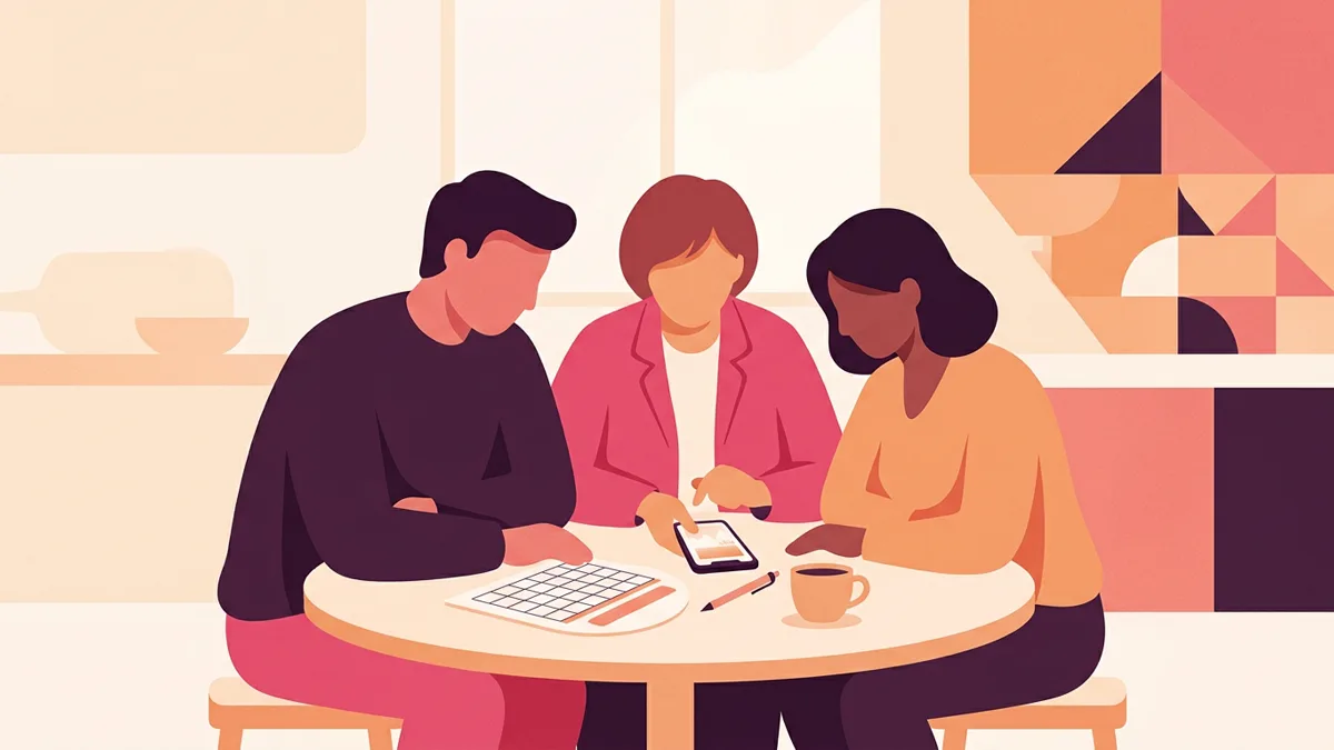Three people of different genders and ethnicities sitting at a table, one holding a phone, discussing safety while planning a date, with a calendar and coffee cup nearby.