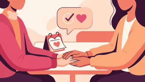 Illustration of hands holding across a table with a heart-shaped calendar and a conversation bubble, representing communication and connection in non-monogamous relationships.