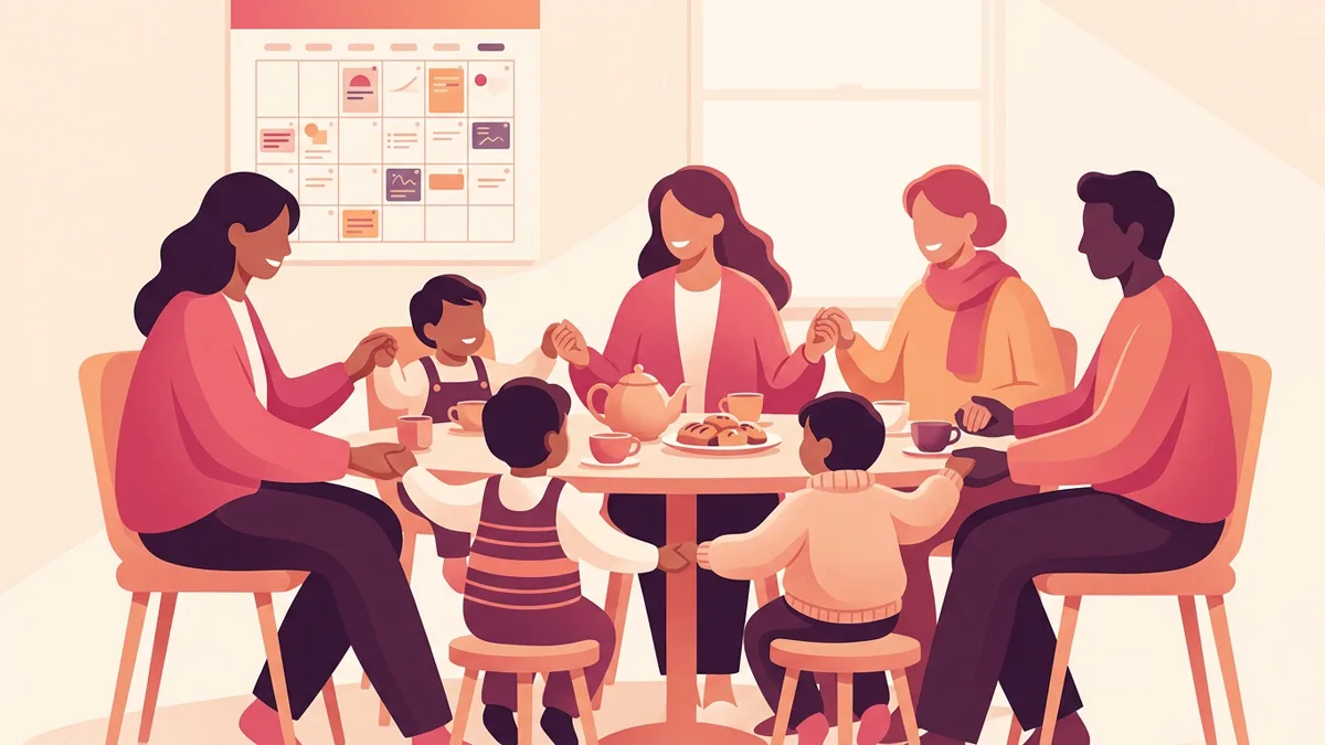 Three adults and two children sit around a kitchen table holding hands, with a color-coded family calendar on the wall.