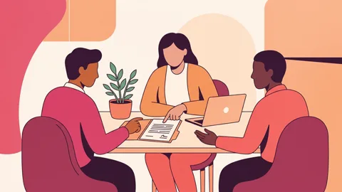 Three people reviewing legal paperwork together at a table, symbolizing polyamorous family planning and shared decision-making.