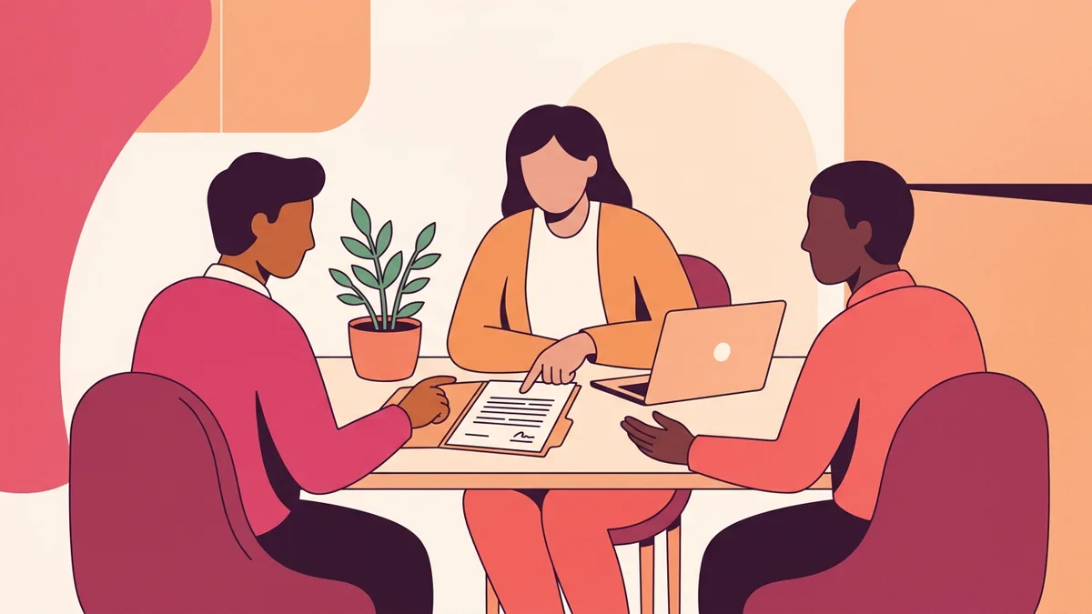 Three people reviewing legal paperwork together at a table, symbolizing polyamorous family planning and shared decision-making.