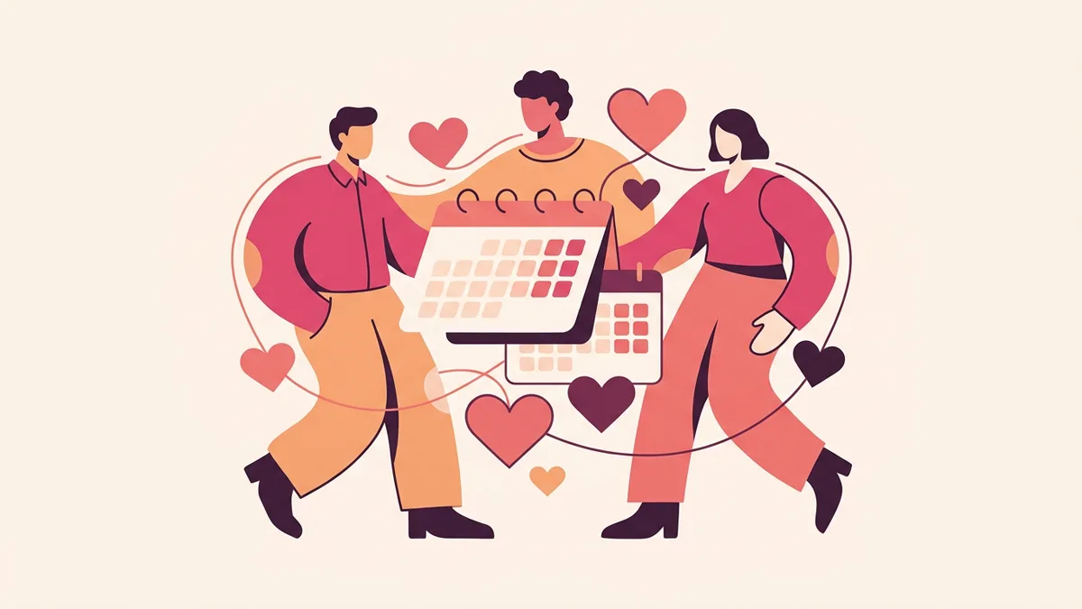 Abstract adults at a table with calendars and a heart, symbolizing open communication about primary and secondary relationships.