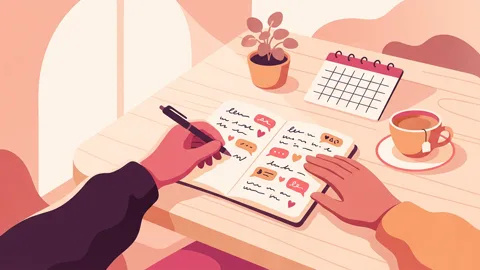 Hands writing relationship agreements in a notebook, surrounded by hearts and conversation symbols, suggesting calm communication and mutual care.