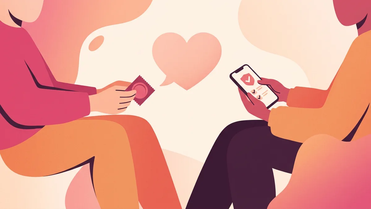 Illustration of hands exchanging a condom packet and a phone with a test result, connected by a heart-shaped speech bubble, symbolizing communication and safer sex in relationships.