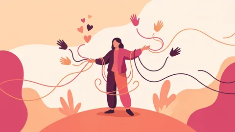 Abstract illustration of a person at the center of several orbiting colored shapes, symbolizing autonomous connections without a primary anchor.