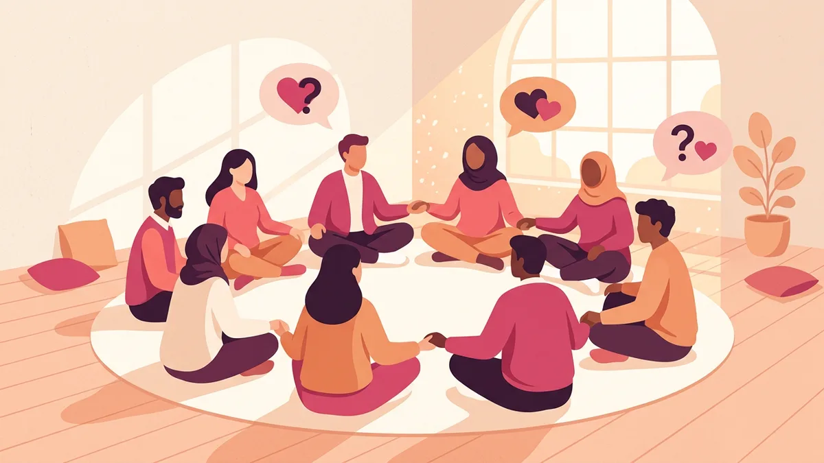 Illustration of a support group circle with diverse individuals, hearts and question marks floating above, conveying dialogue about polyamory and stigma.