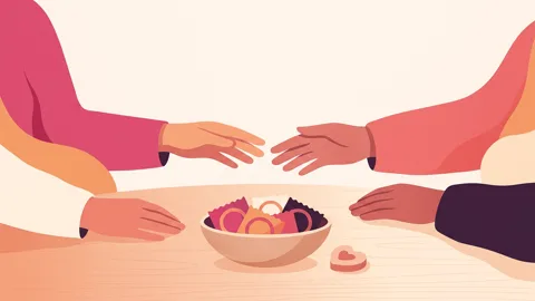 Illustration of two pairs of hands reaching across a table with condoms and a heart token, representing consent and safety in a swinger club setting.