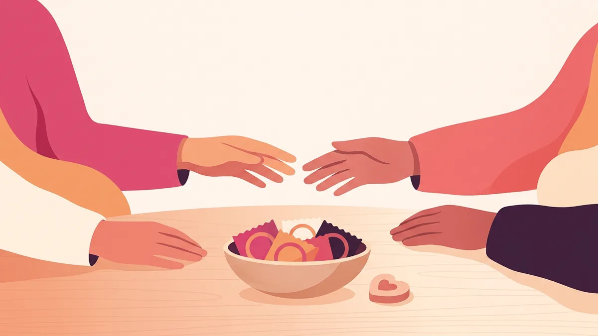 Illustration of two pairs of hands reaching across a table with condoms and a heart token, representing consent and safety in a swinger club setting.
