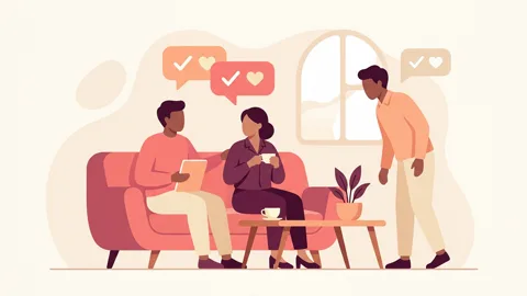 Two people sitting on a couch, talking openly, with a notepad representing communication and boundaries in a relationship.