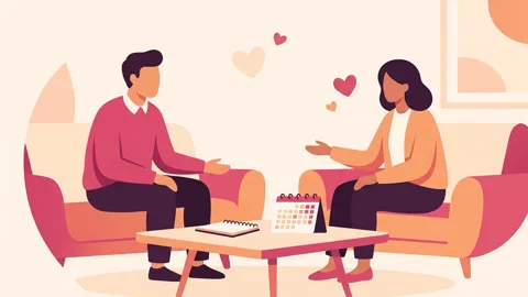 Two people having a calm conversation on a couch, with a notebook and calendar nearby, symbolizing open communication and planning.