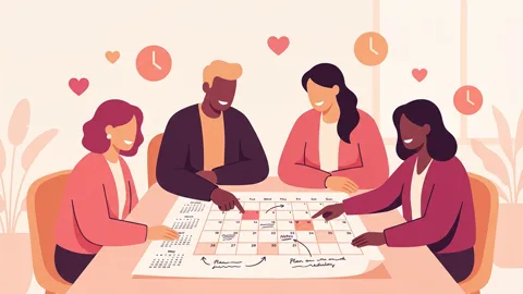 Three people of different genders and ethnicities collaboratively planning a monthly schedule on a large calendar, with small heart and clock symbols indicating quality time.