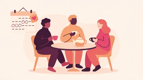 Three abstract figures around a table with a teapot and calendar, suggesting respectful conversation about relationship structure.
