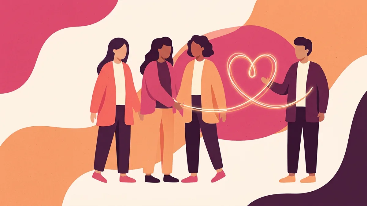 Abstract illustration of three figures connected by glowing heart-shaped lines, representing compersion and shared happiness in relationships.