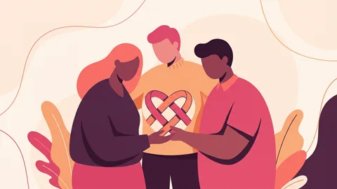Three hands cradling a heart-shaped knot, representing consensual and loving polyamorous connections in soft pastel tones.